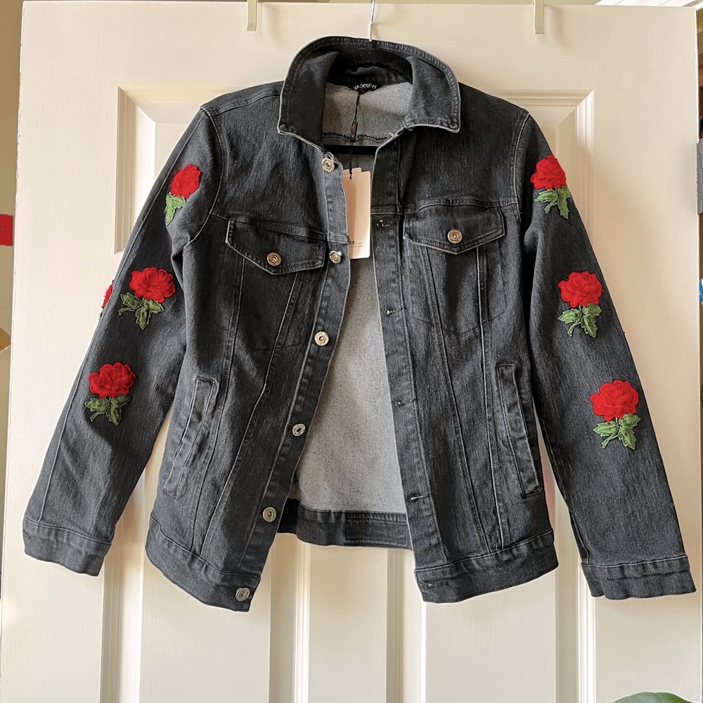 Denim Jacket with Appliqué Roses